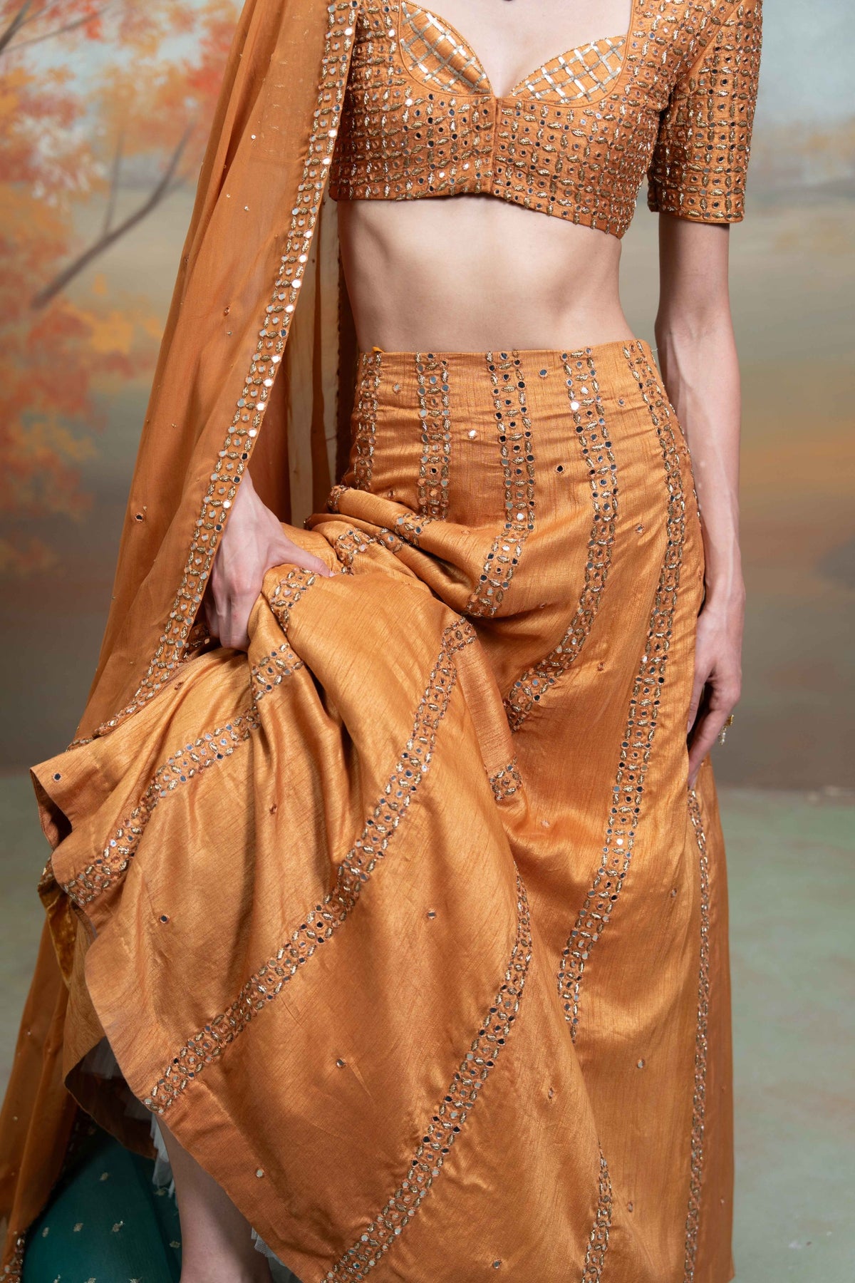 Orange Zardozi Mirror Cutdana Work Raw Silk Lehenga Set (3 Pcs)
