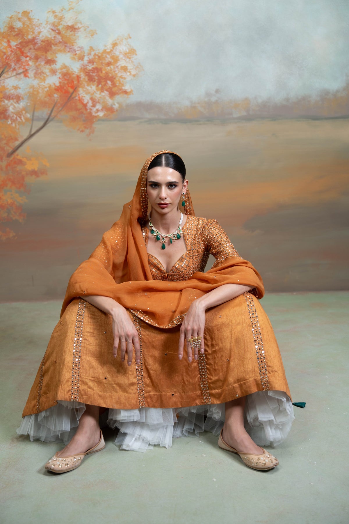 Orange Zardozi Mirror Cutdana Work Raw Silk Lehenga Set (3 Pcs)