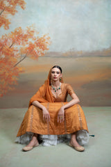 Orange Zardozi Mirror Cutdana Work Raw Silk Lehenga Set (3 Pcs)