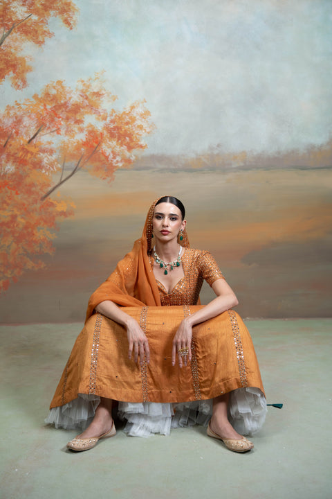 Orange Zardozi Mirror Cutdana Work Raw Silk Lehenga Set (3 Pcs)