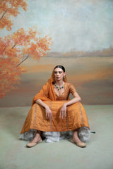 Orange Zardozi Mirror Cutdana Work Raw Silk Lehenga Set (3 Pcs)
