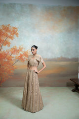 Golden Zardozi Mirror Cutdana Work Raw Silk Lehenga with Cape Jacket Set (3 Pcs)