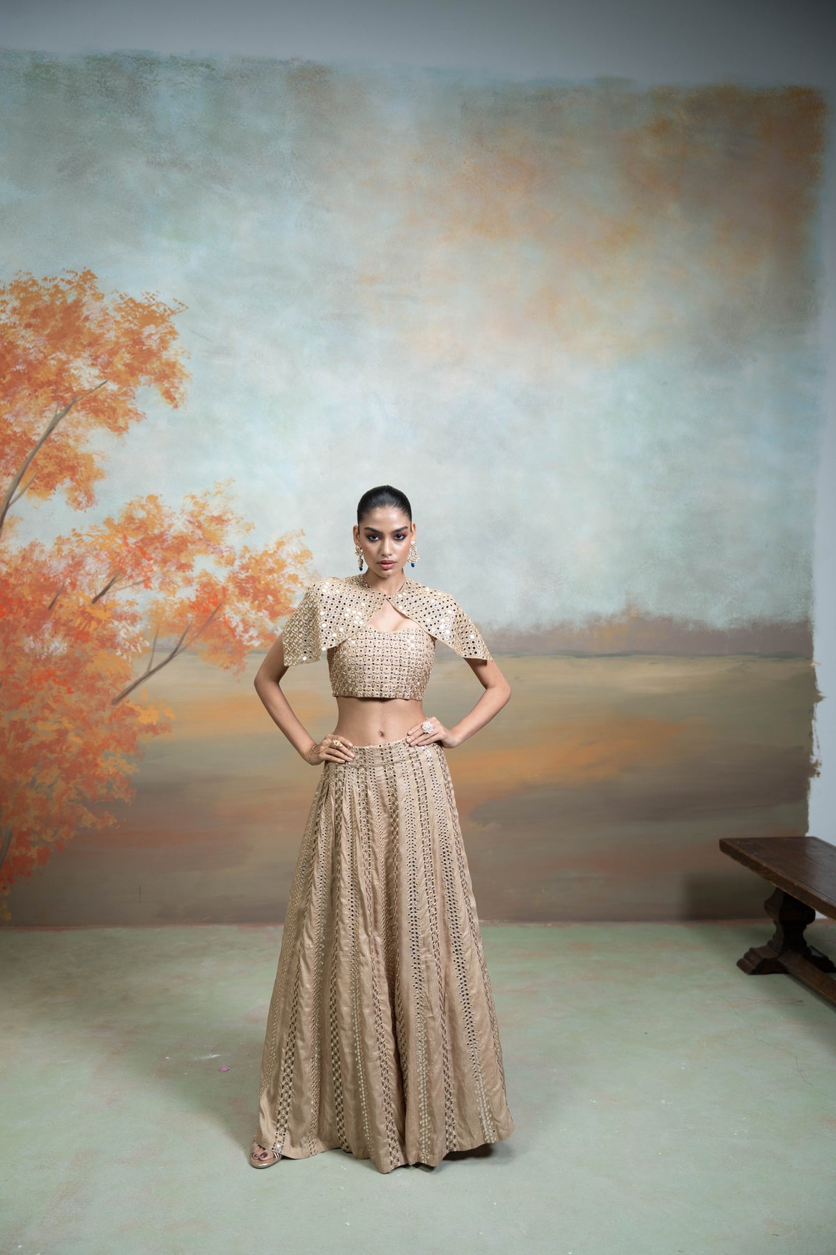 Golden Zardozi Mirror Cutdana Work Raw Silk Lehenga with Cape Jacket Set (3 Pcs)