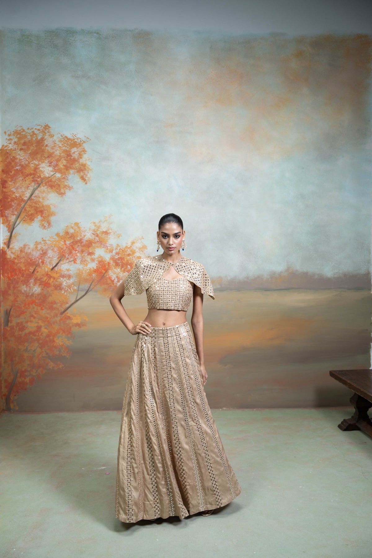 Golden Zardozi Mirror Cutdana Work Raw Silk Lehenga with Cape Jacket Set (3 Pcs)