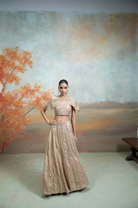 Golden Zardozi Mirror Cutdana Work Raw Silk Lehenga with Cape Jacket Set (3 Pcs)