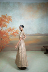 Golden Zardozi Mirror Cutdana Work Raw Silk Lehenga with Cape Jacket Set (3 Pcs)