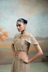Golden Zardozi Mirror Cutdana Work Raw Silk Lehenga with Cape Jacket Set (3 Pcs)