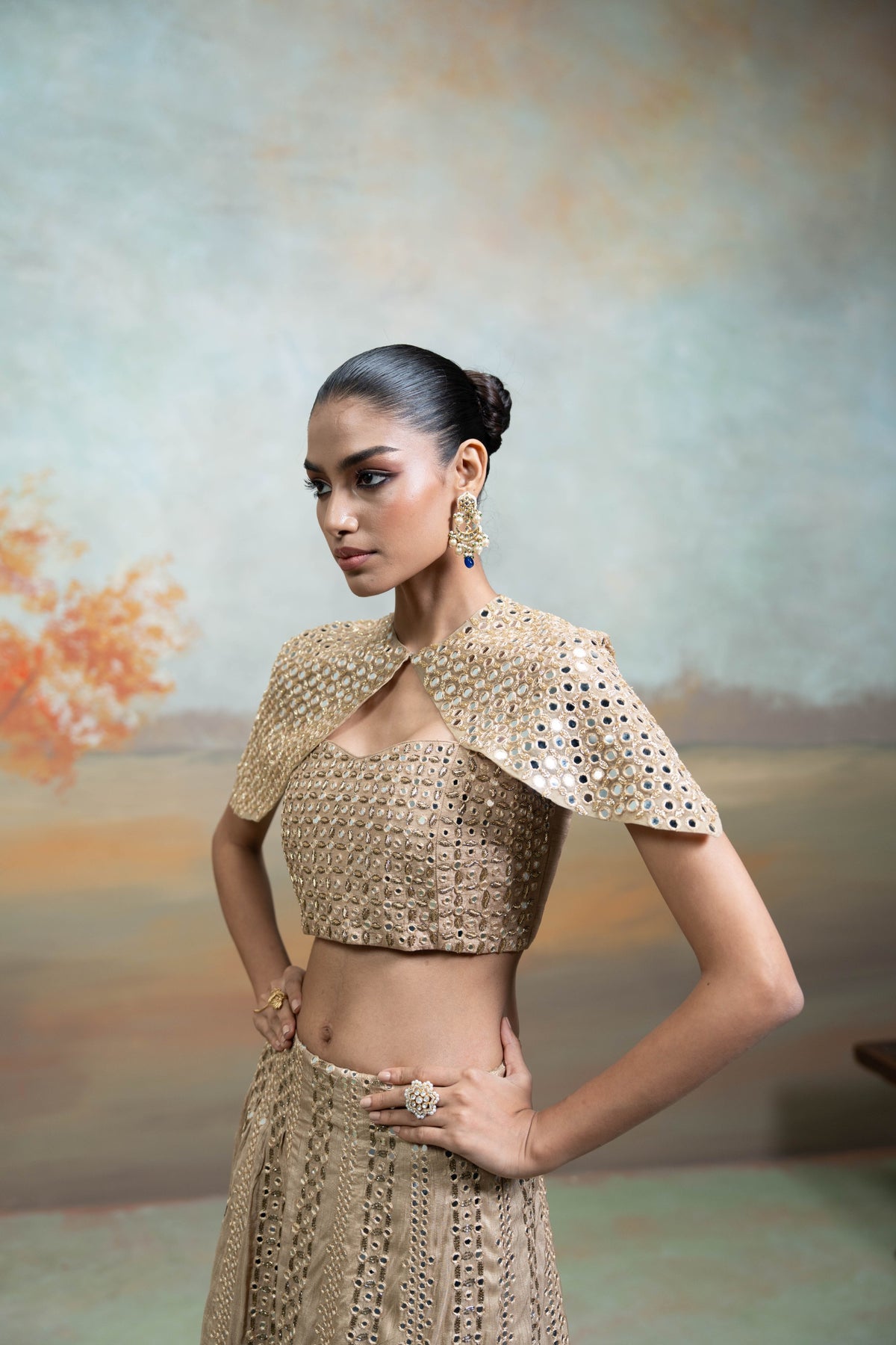 Golden Zardozi Mirror Cutdana Work Raw Silk Lehenga with Cape Jacket Set (3 Pcs)