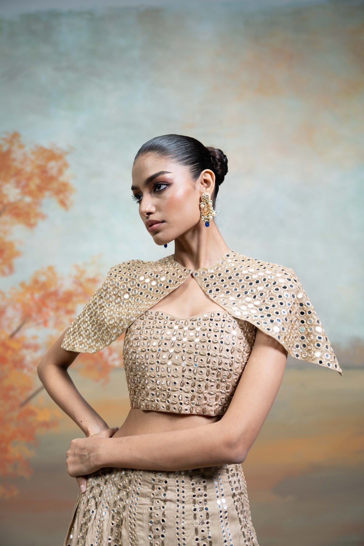 Golden Zardozi Mirror Cutdana Work Raw Silk Lehenga with Cape Jacket Set (3 Pcs)