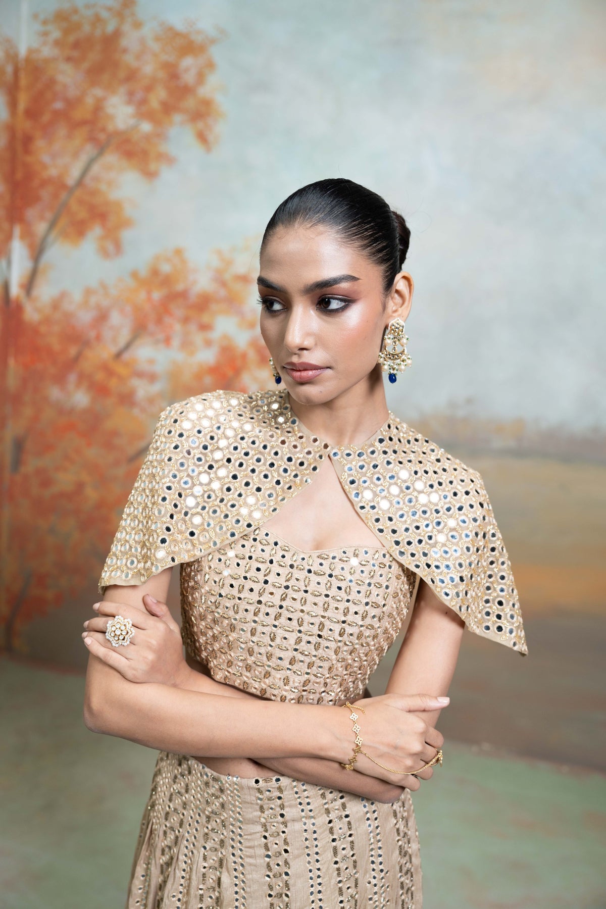 Golden Zardozi Mirror Cutdana Work Raw Silk Lehenga with Cape Jacket Set (3 Pcs)
