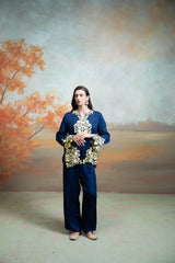 Dark Blue Embroidery Cotton Silk Kurta Set (2 Pcs)