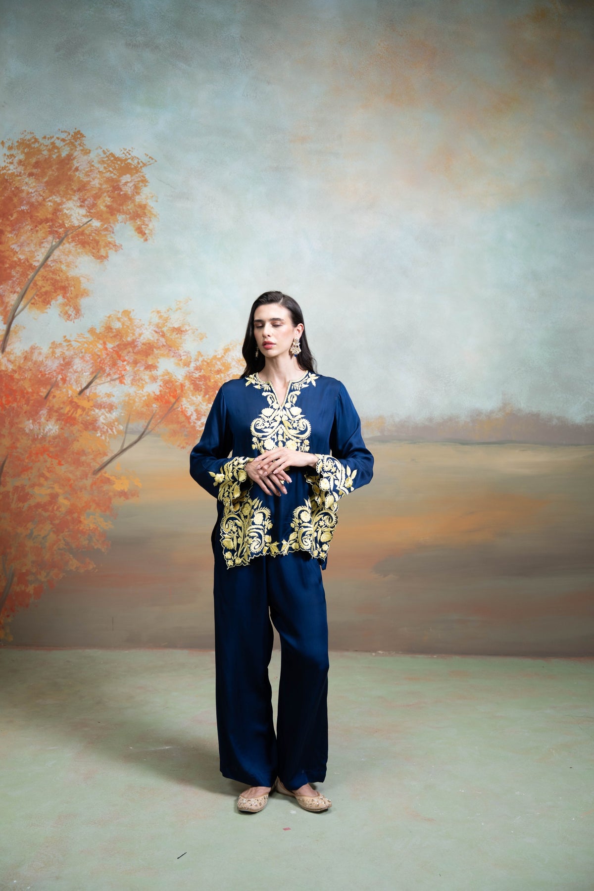 Dark Blue Embroidery Cotton Silk Kurta Set (2 Pcs)