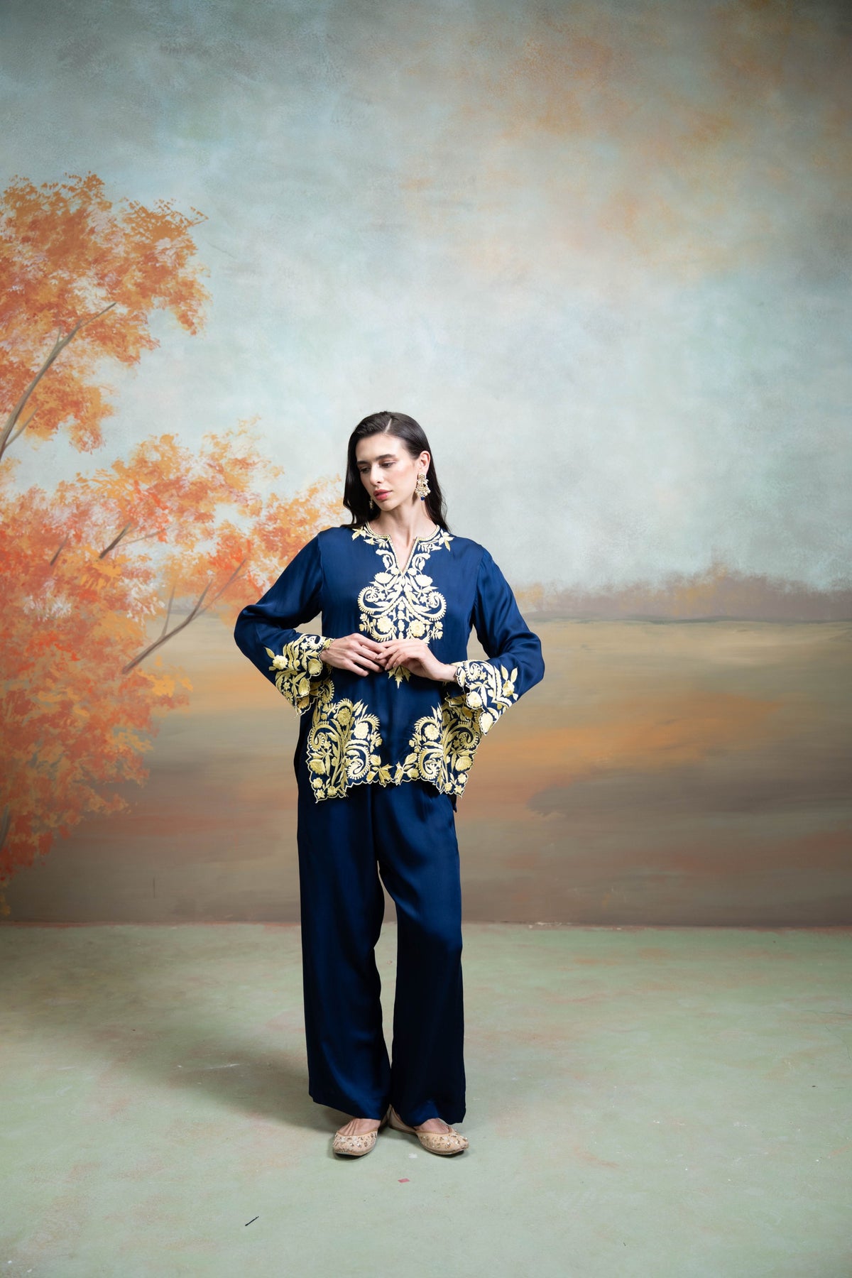 Dark Blue Embroidery Cotton Silk Kurta Set (2 Pcs)