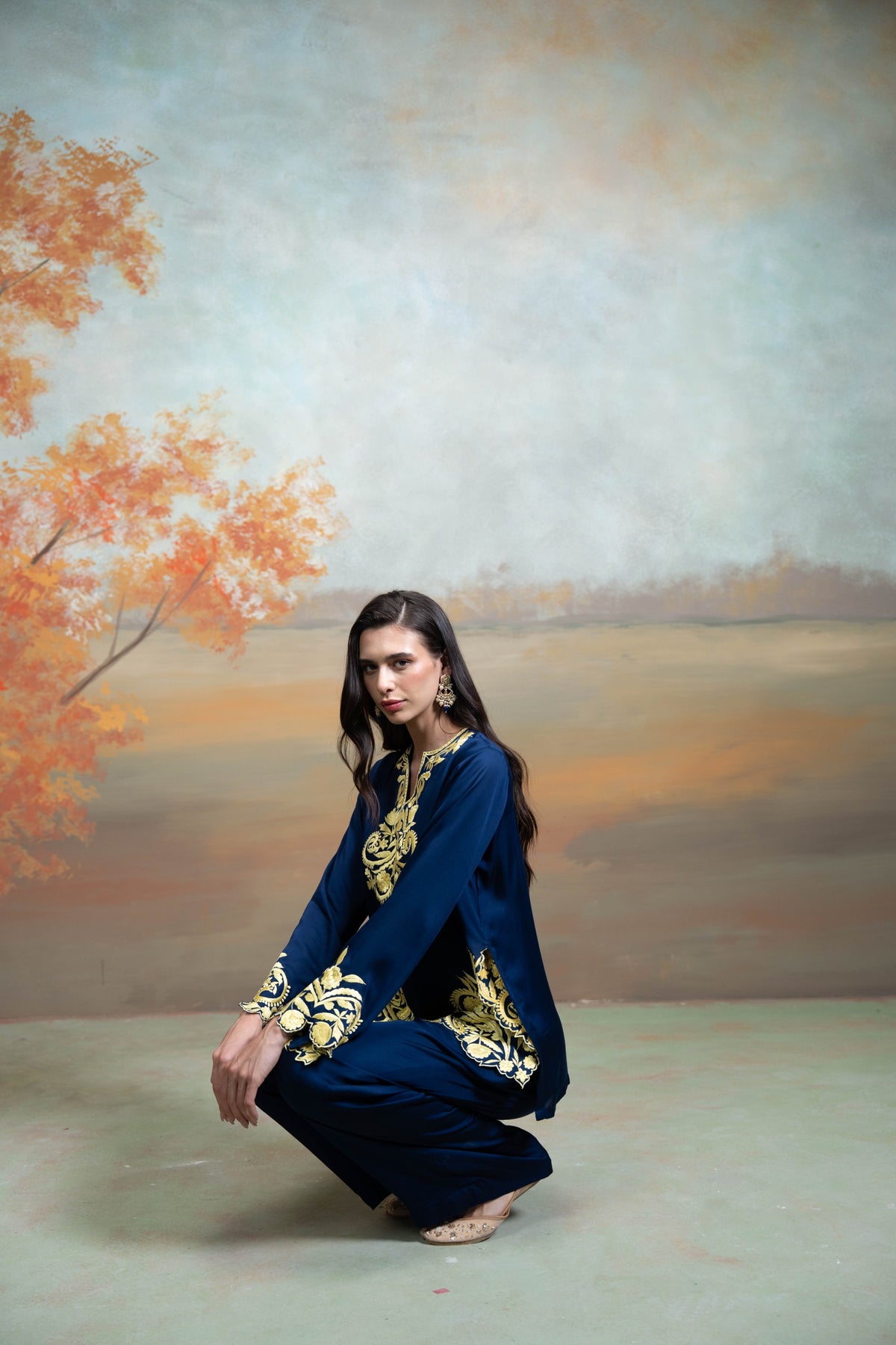Dark Blue Embroidery Cotton Silk Kurta Set (2 Pcs)