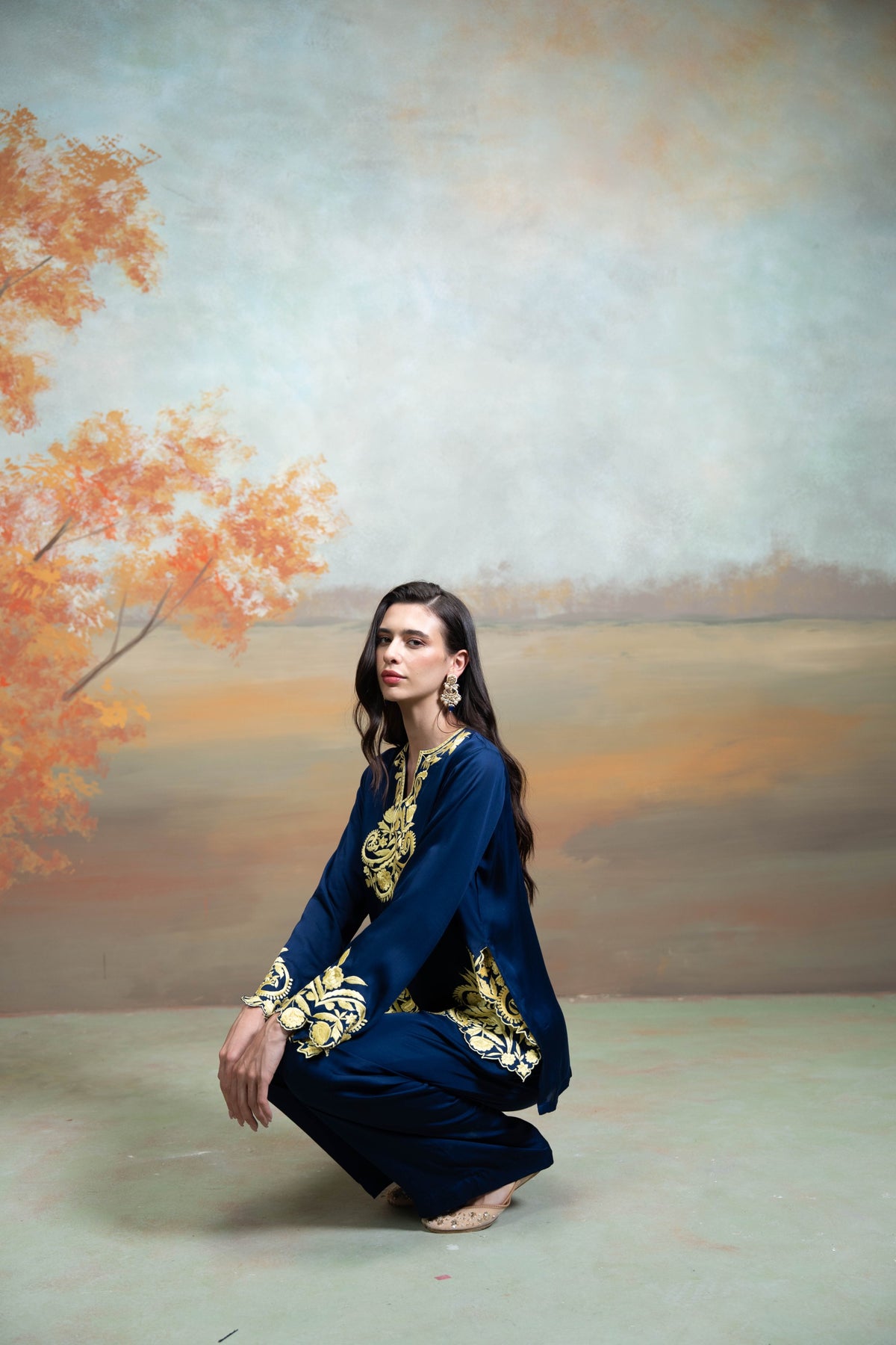 Dark Blue Embroidery Cotton Silk Kurta Set (2 Pcs)
