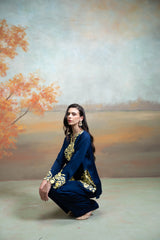 Dark Blue Embroidery Cotton Silk Kurta Set (2 Pcs)