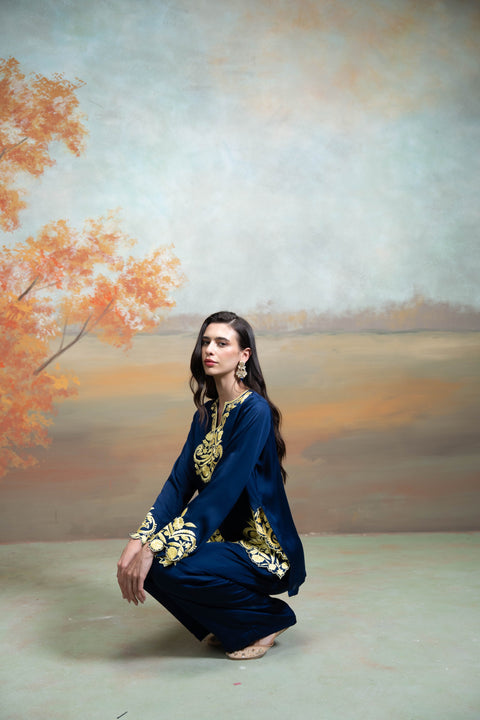 Dark Blue Embroidery Cotton Silk Kurta Set (2 Pcs)