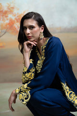 Dark Blue Embroidery Cotton Silk Kurta Set (2 Pcs)