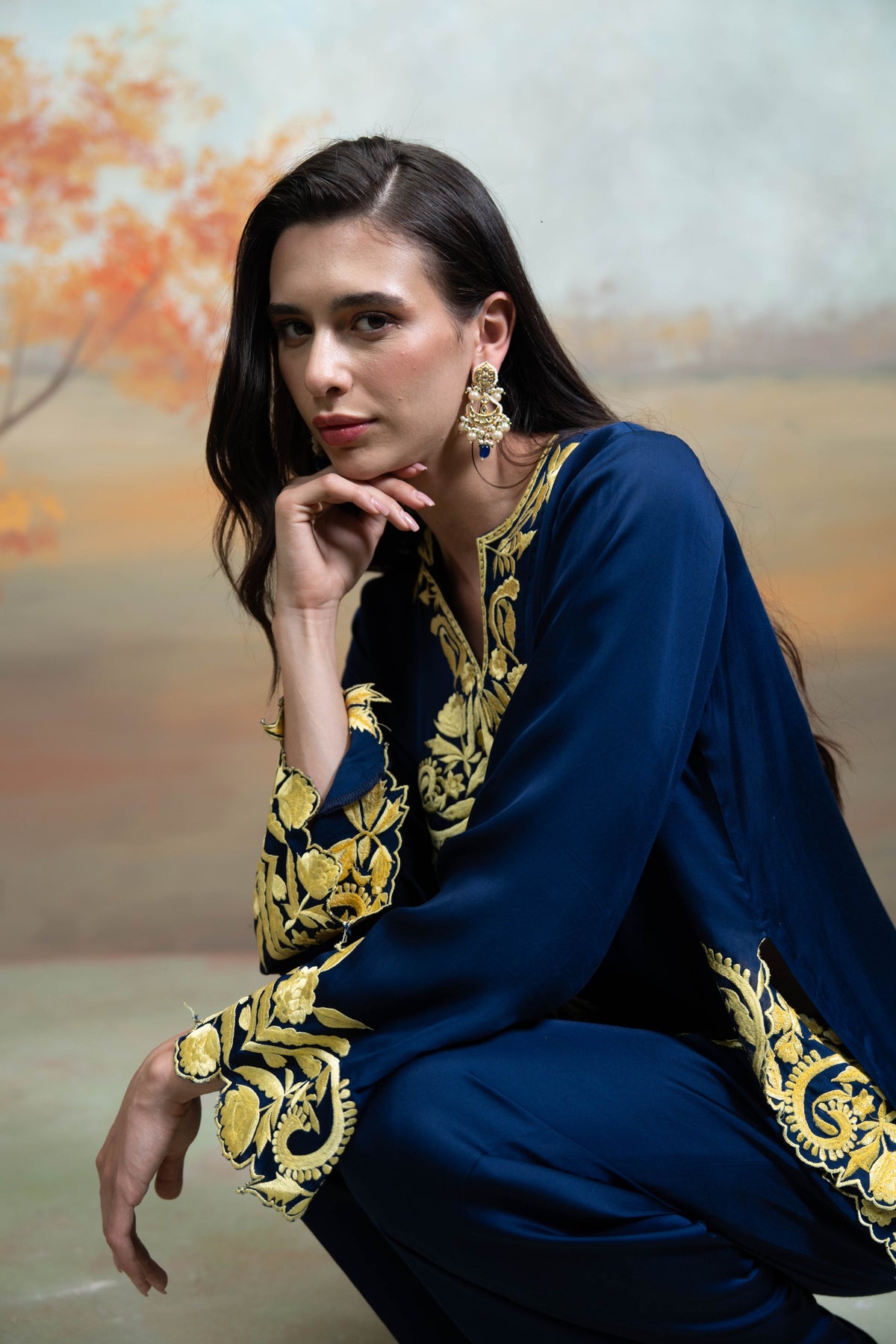 Dark Blue Embroidery Cotton Silk Kurta Set (2 Pcs)