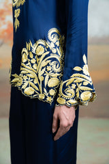 Dark Blue Embroidery Cotton Silk Kurta Set (2 Pcs)
