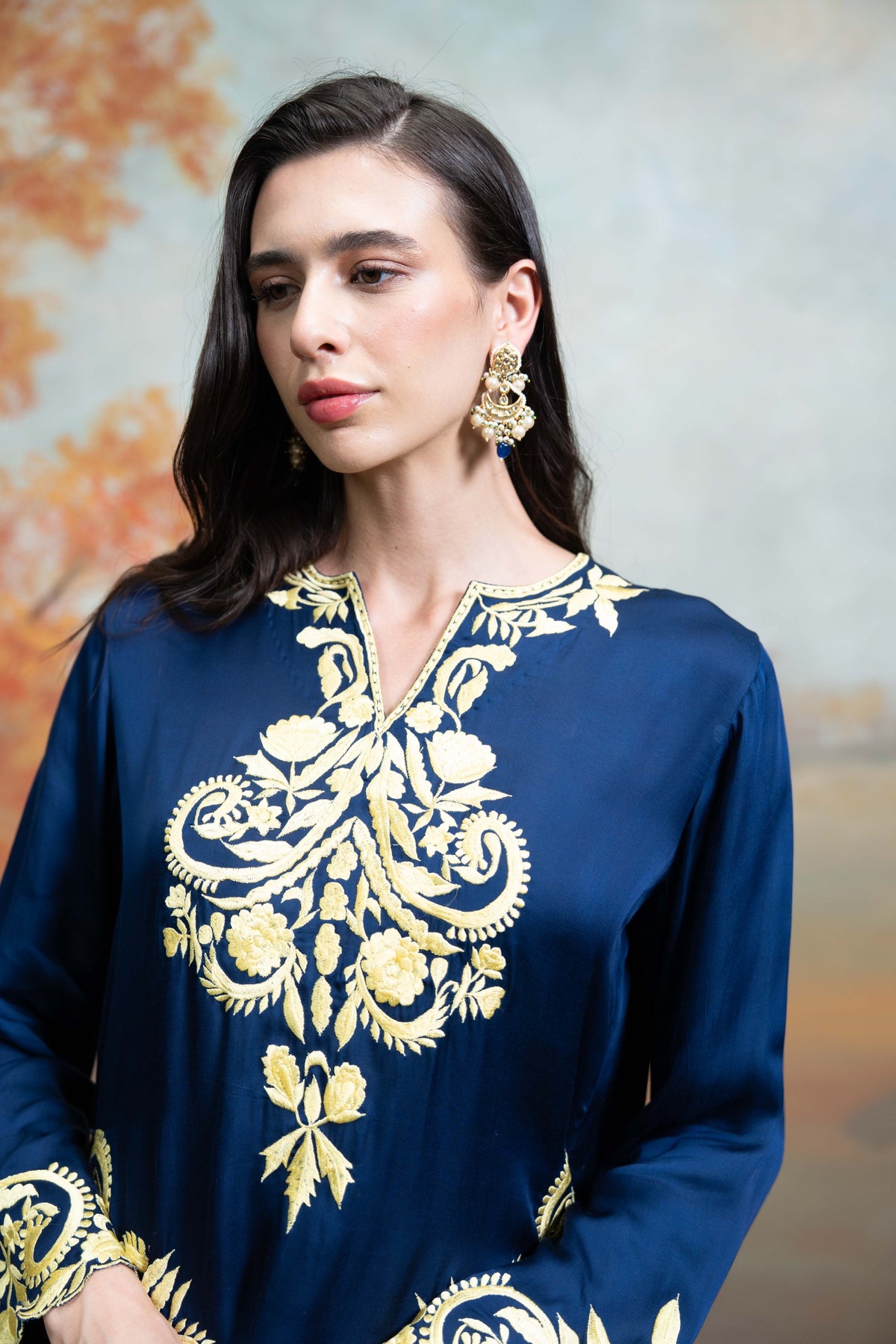 Dark Blue Embroidery Cotton Silk Kurta Set (2 Pcs)