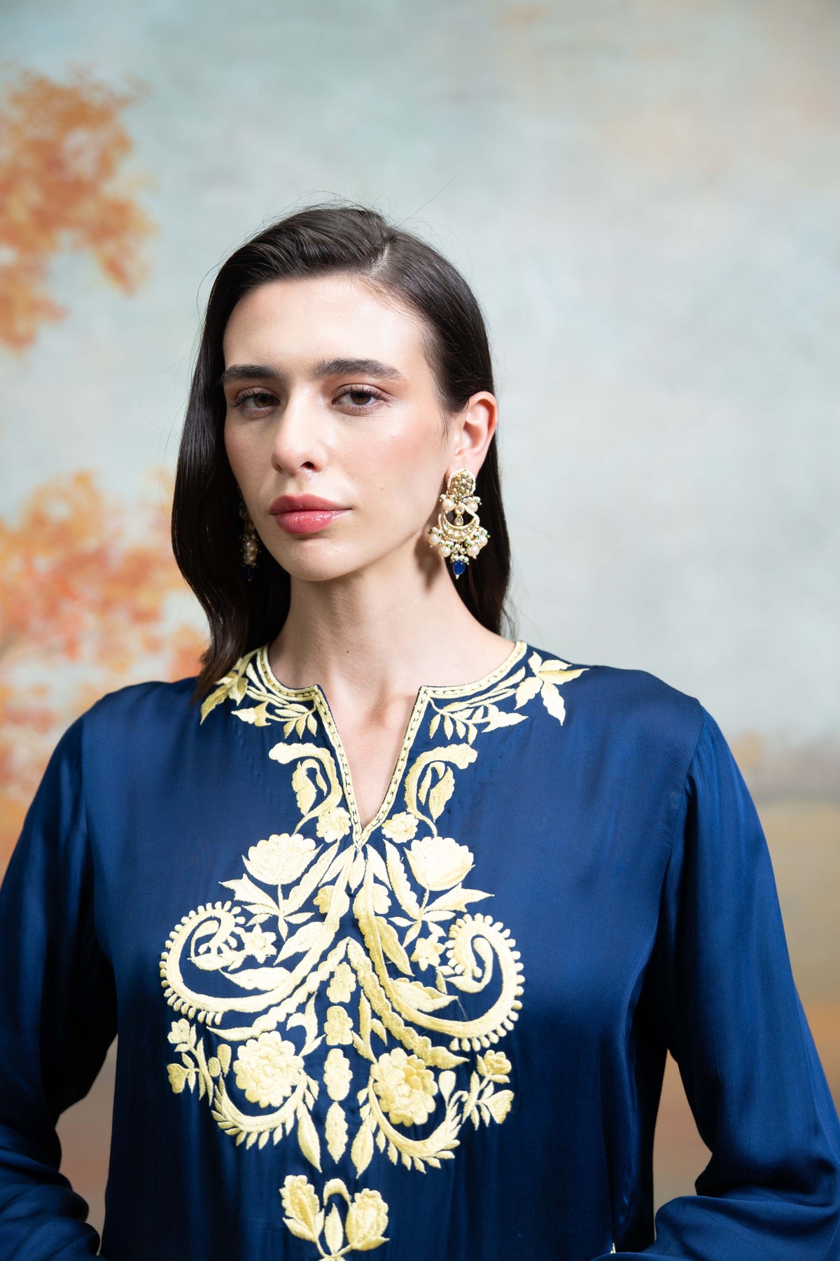 Dark Blue Embroidery Cotton Silk Kurta Set (2 Pcs)