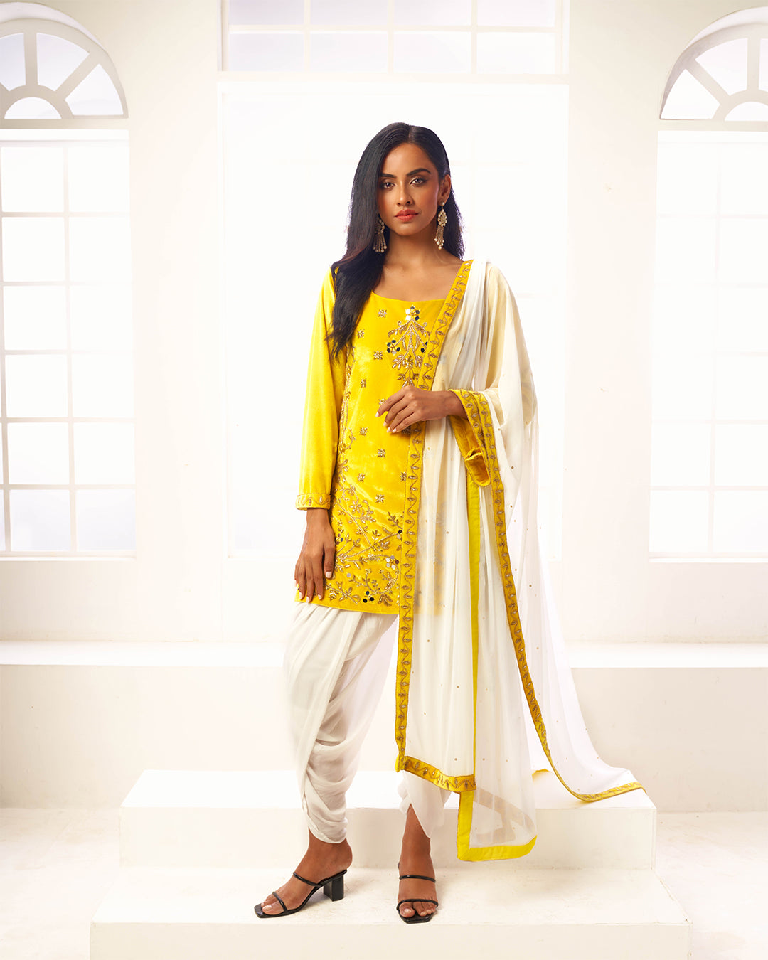 Lysa Velvet Kurta with Dhoti Pants & Chinnon Dupatta