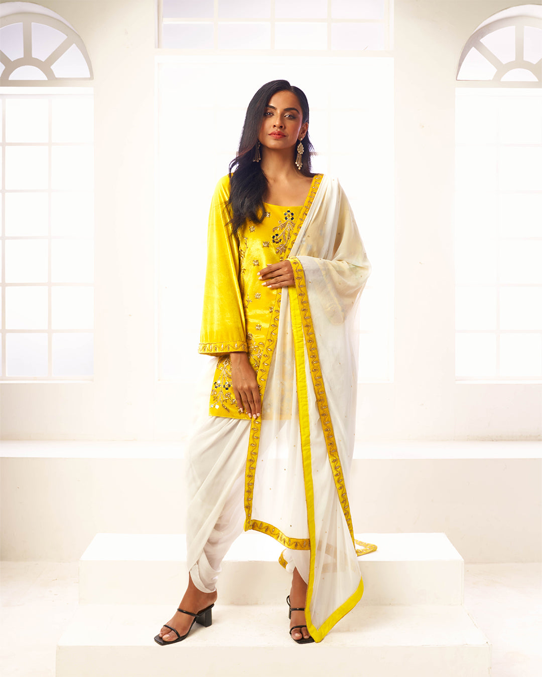 Lysa Velvet Kurta with Dhoti Pants & Chinnon Dupatta