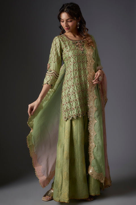 Grey Crush Tissue Hand Embroidered Anarkali Set
