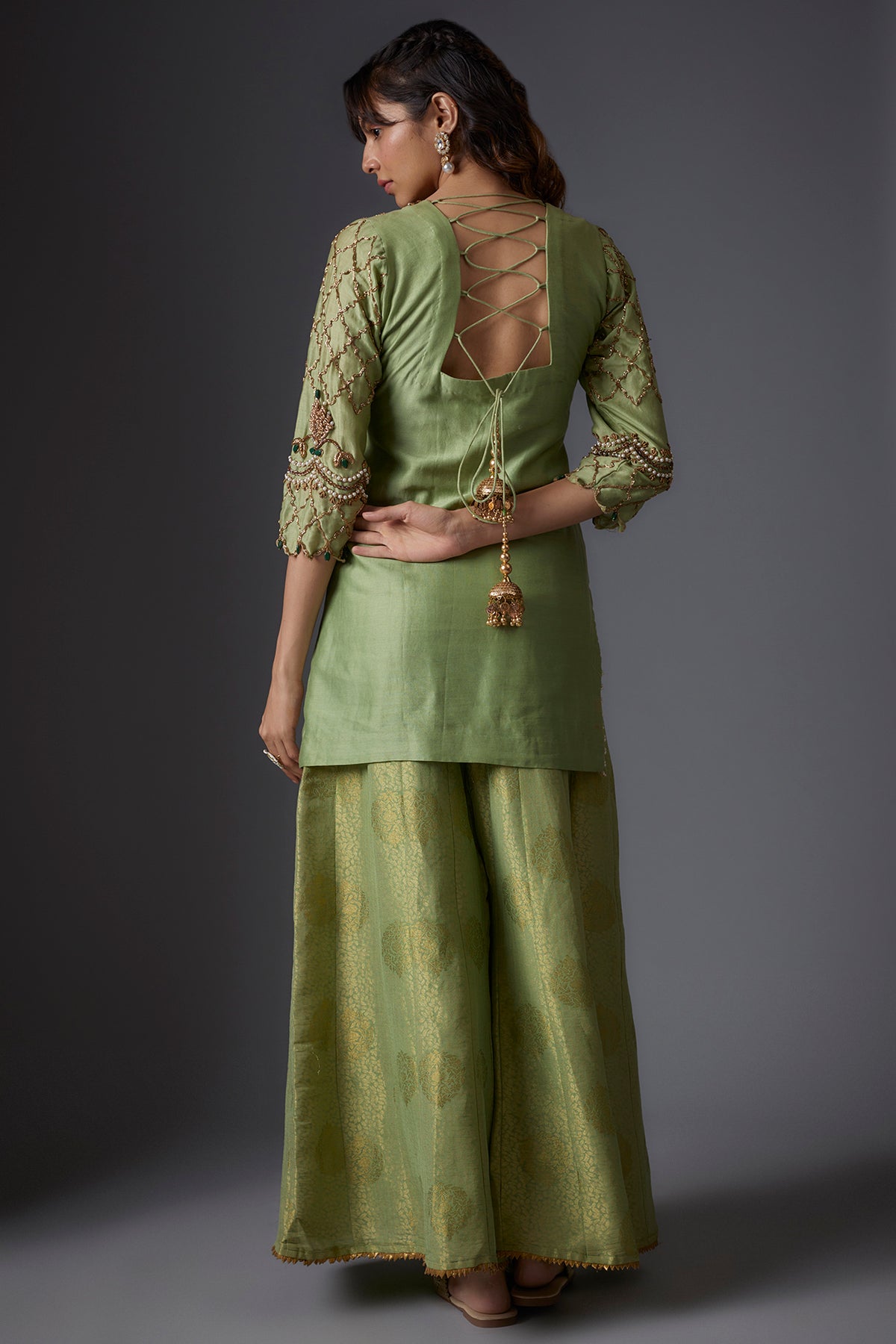 Grey Crush Tissue Hand Embroidered Anarkali Set