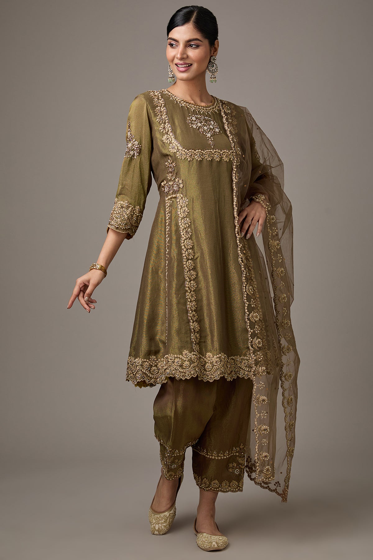 Green Tissue Dori Hand Embroidered A-Line Short Anarkali Set