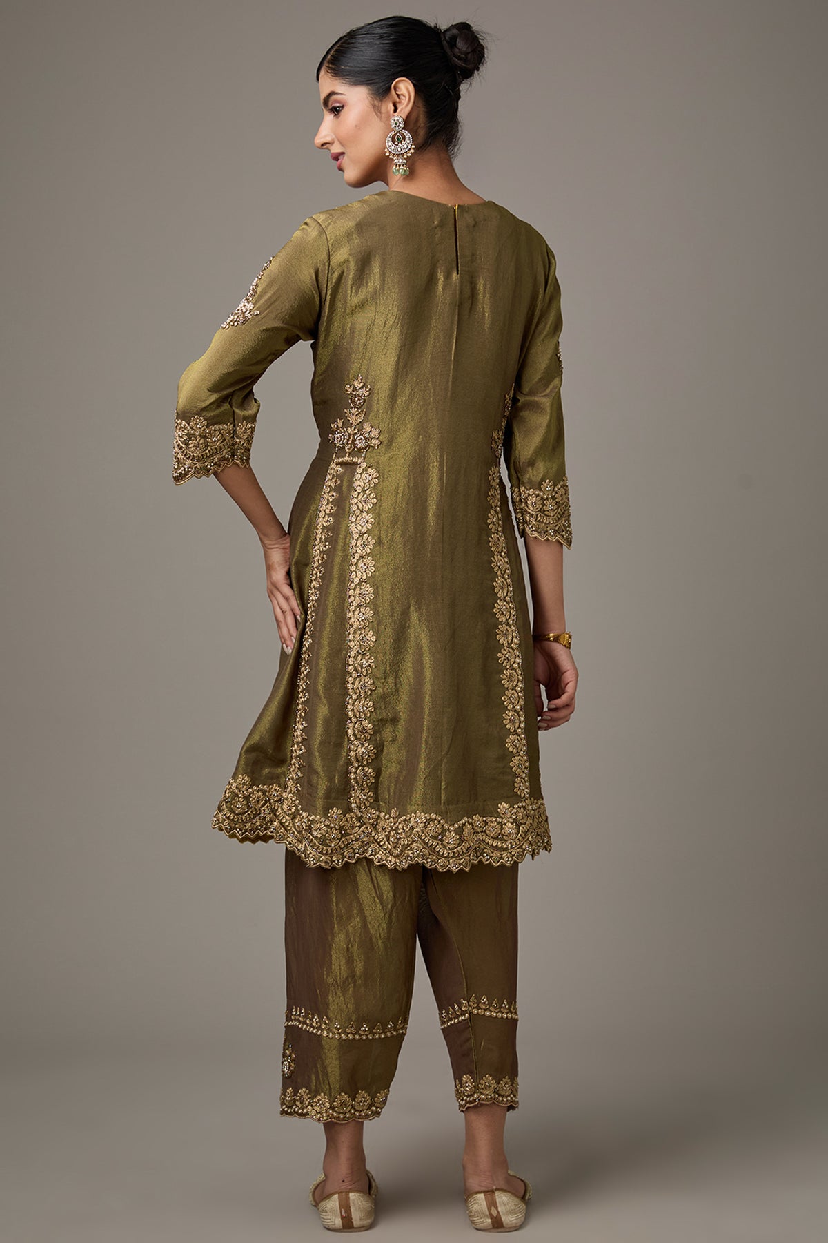 Green Tissue Dori Hand Embroidered A-Line Short Anarkali Set