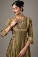Green Tissue Dori Hand Embroidered A-Line Short Anarkali Set