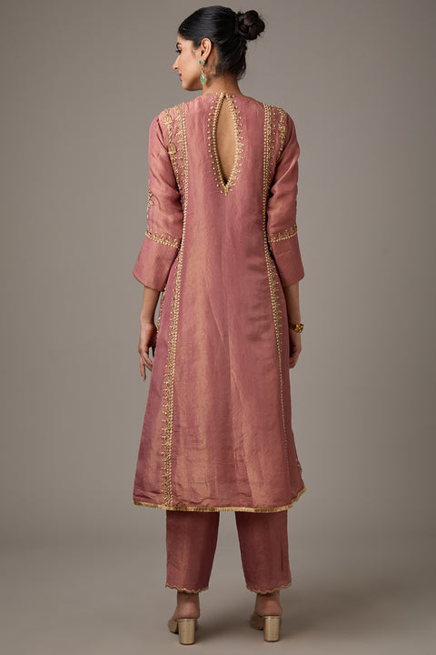 Pink Tissue Dori Hand Embroidered Kurta Set
