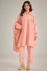 Pink Silk & Georgette Lurex Crystal Embroidered One-Side Kaftan Set