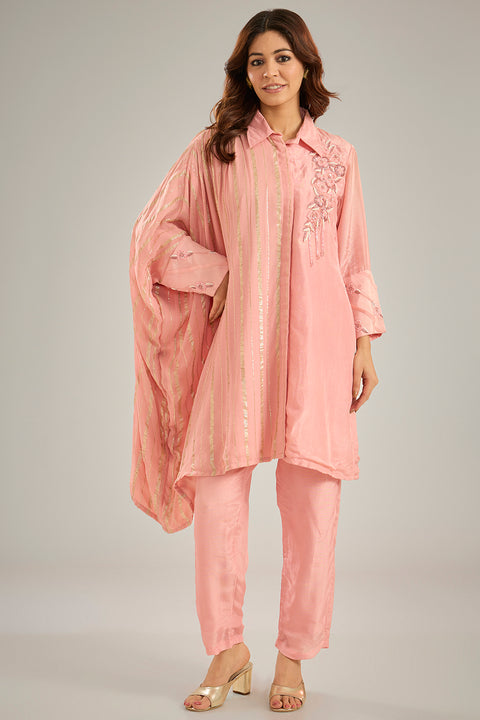 Pink Silk & Georgette Lurex Crystal Embroidered One-Side Kaftan Set