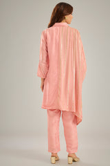 Pink Silk & Georgette Lurex Crystal Embroidered One-Side Kaftan Set