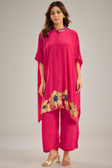 Dark Pink Crepe Sequins Hand Embroidered Kaftan Set