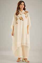 Cream Georgette Sequins Hand Embroidered Kaftan Set