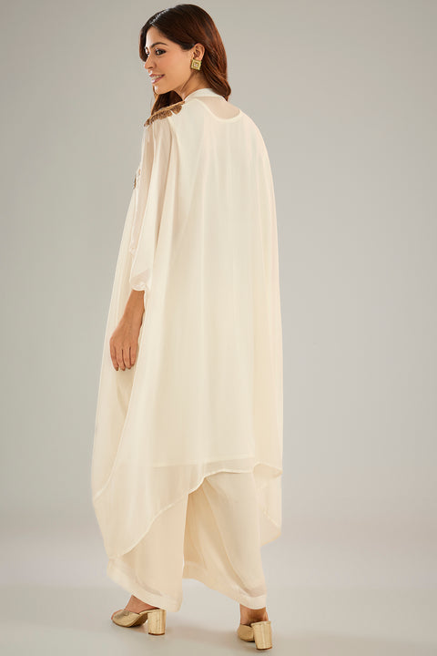 Cream Georgette Sequins Hand Embroidered Kaftan Set