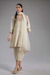 Ivory Crush Tissue Hand Embroidered Anarkali Set