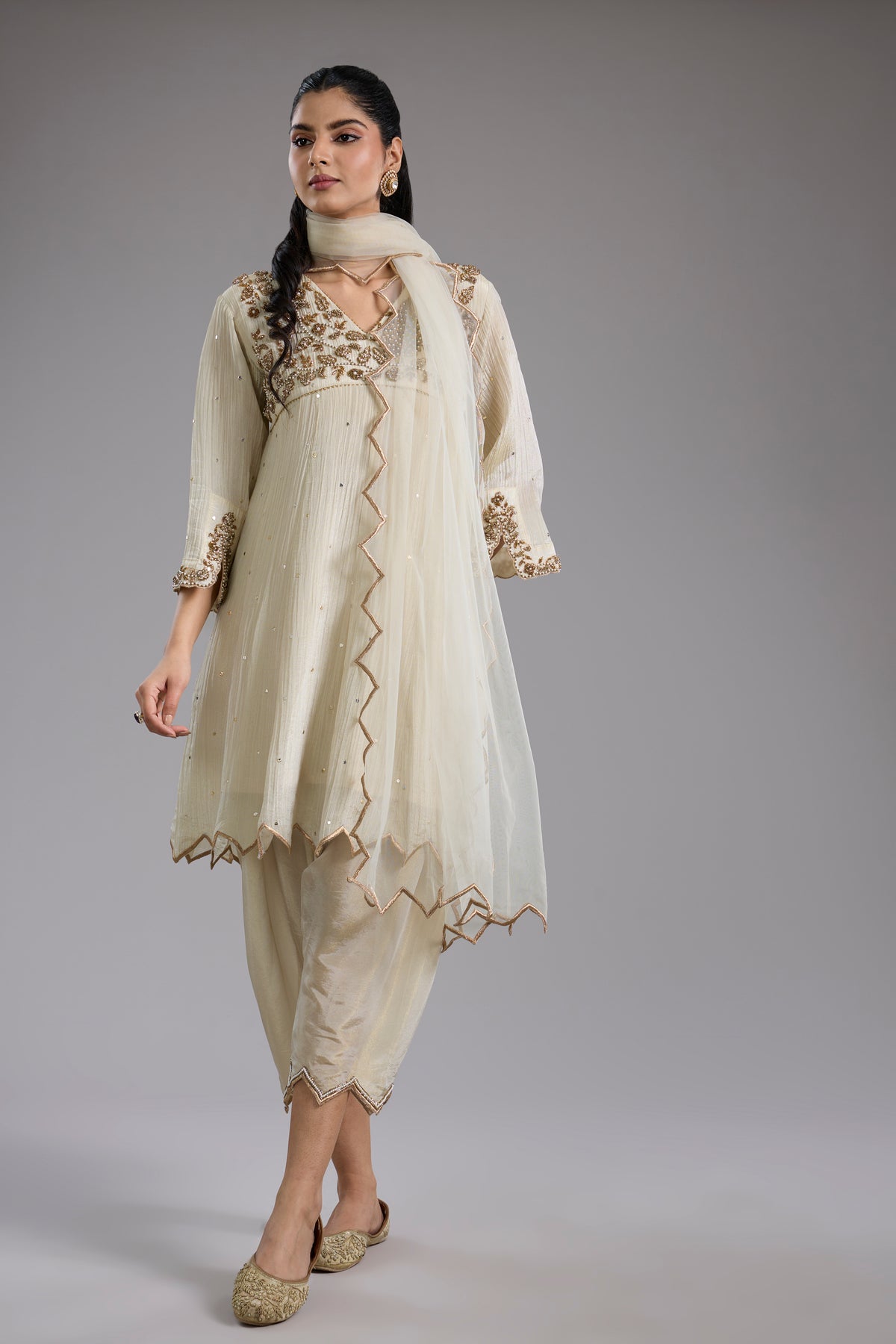 Ivory Crush Tissue Hand Embroidered Anarkali Set