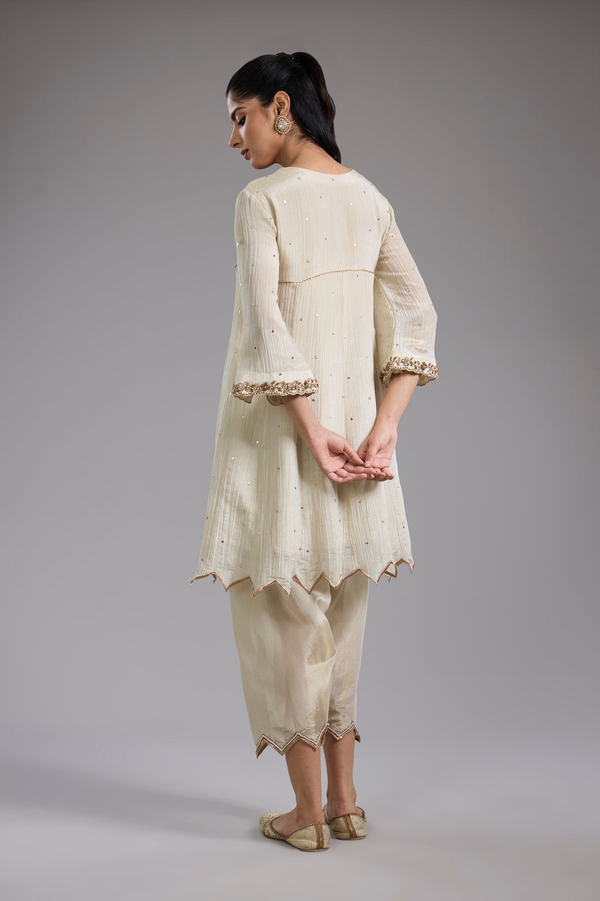 Ivory Crush Tissue Hand Embroidered Anarkali Set