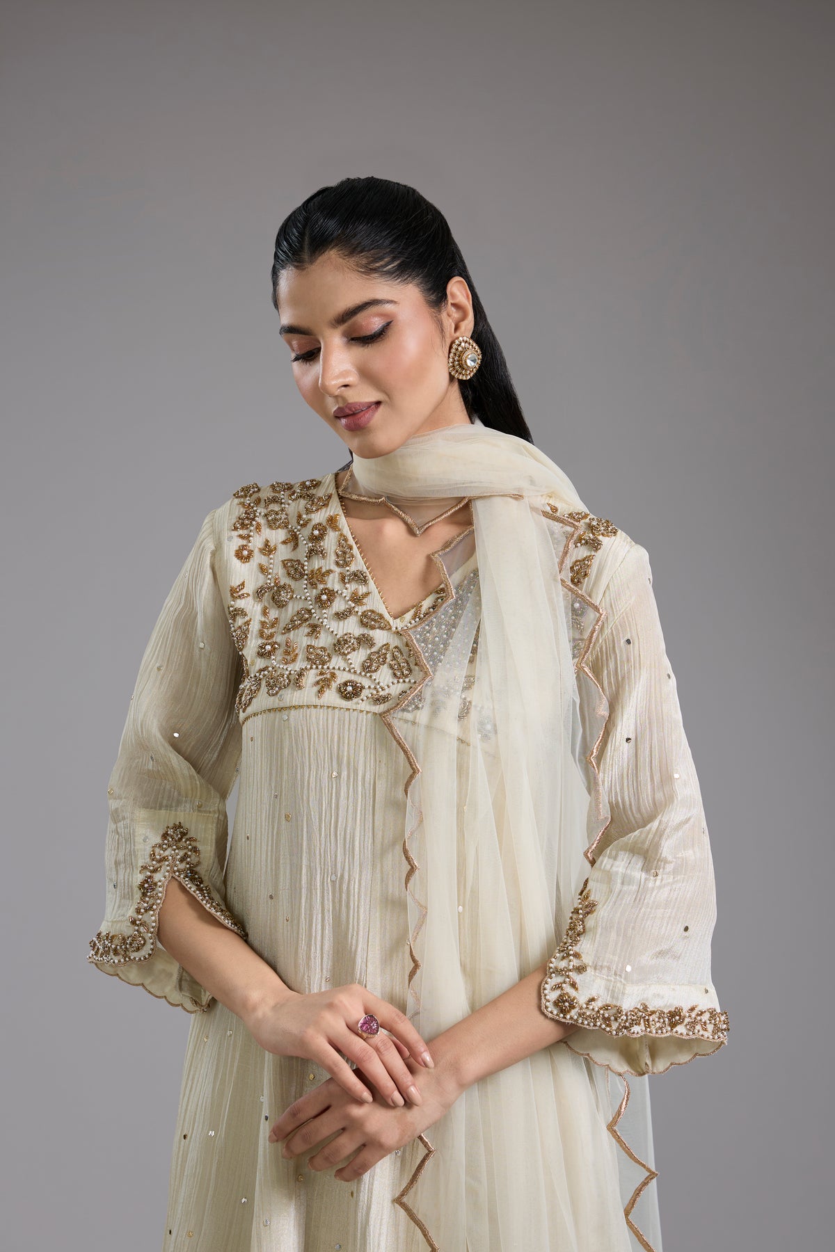 Ivory Crush Tissue Hand Embroidered Anarkali Set