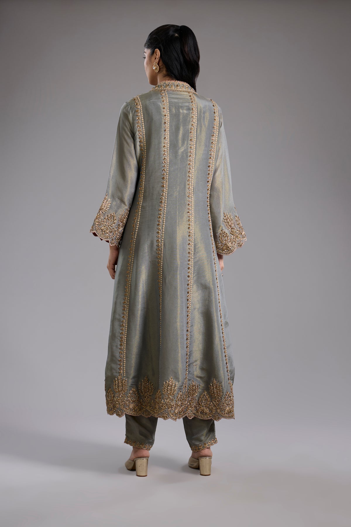Grey Tissue Jacket Set with Dori Machine Embroidery