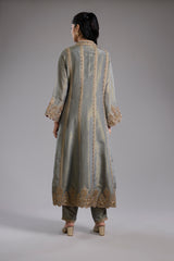 Grey Tissue Jacket Set with Dori Machine Embroidery