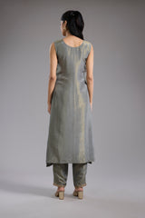 Grey Tissue Jacket Set with Dori Machine Embroidery