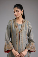 Grey Tissue Jacket Set with Dori Machine Embroidery