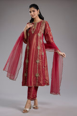 Magenta Tissue A-Line Kurta Set with Dori Machine Embroidery