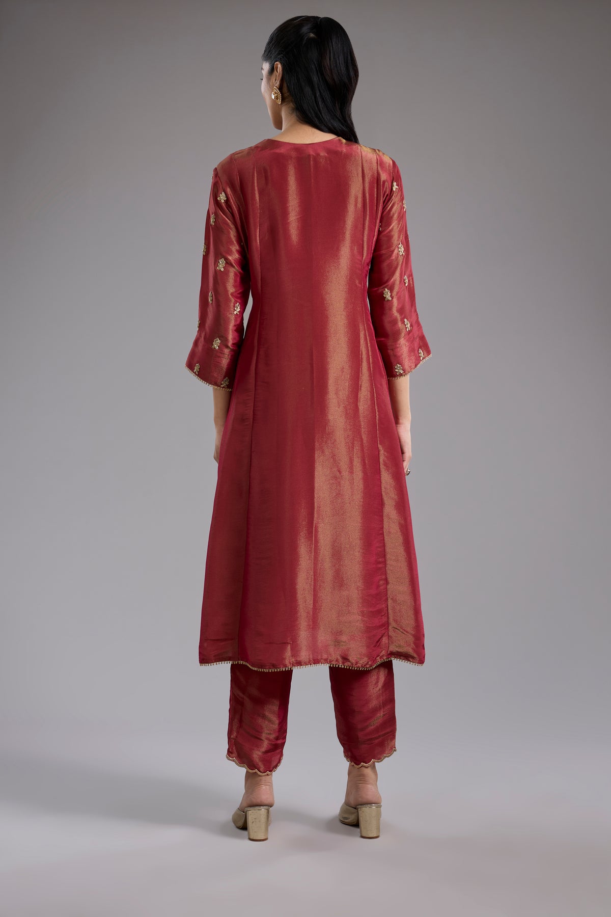 Magenta Tissue A-Line Kurta Set with Dori Machine Embroidery